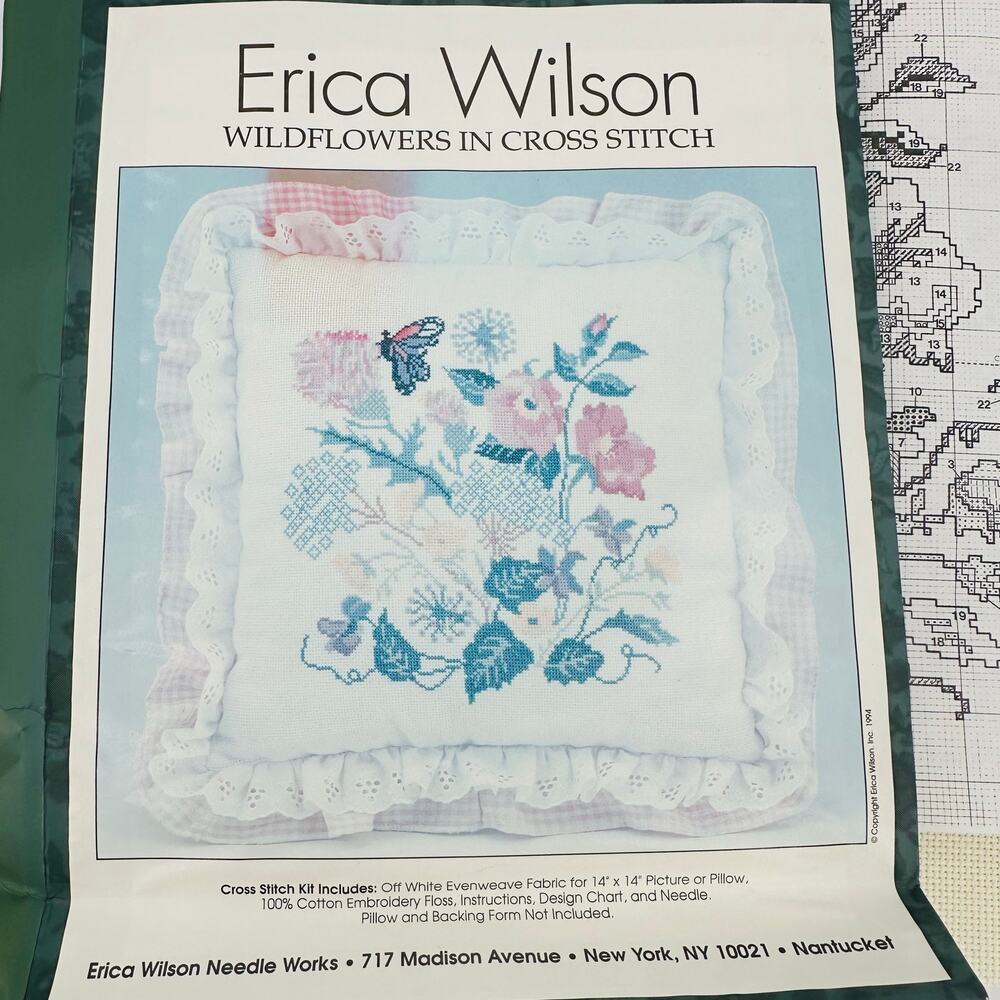 Vintage Erica Wilson Nantucket Wildflowers in CROSS STITCH Kit 14" x 14" Pillow